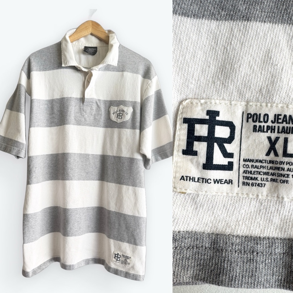 Vintage 90s Polo Jeans Co. Ralph Lauren rugby Stripe Polo large 67 applique back